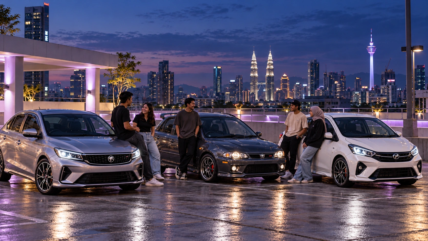 Malaysian friends with a Proton S70, Proton Satria GTi and Perodua Myvi at a Kuala Lumpur rooftop meetup