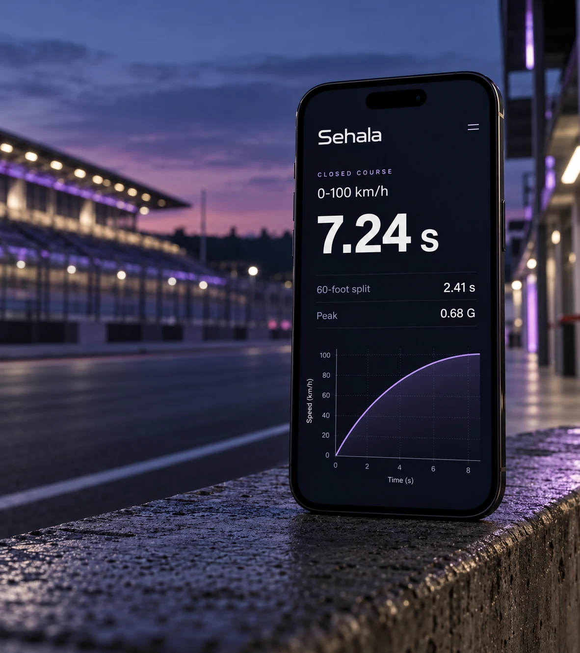 The Sehala run screen on a phone at a race track: 0-100 in 7.24 s, 60-foot split 2.41 s, peak 0.68 G