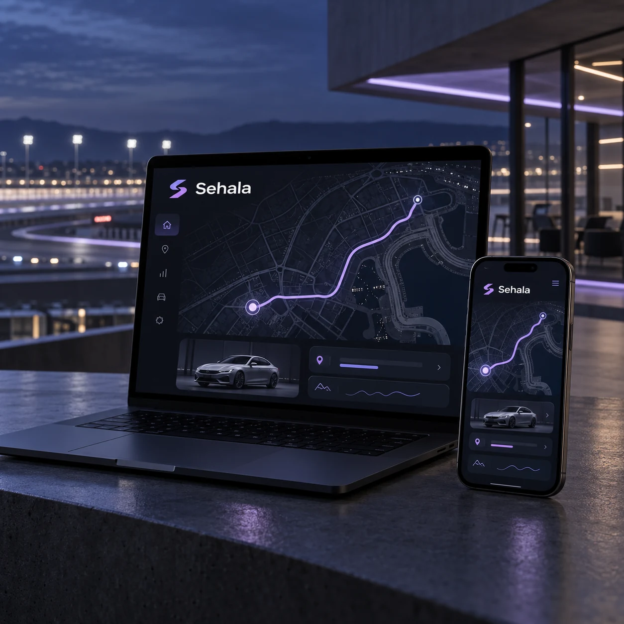 Sehala on a phone and a laptop at a race track